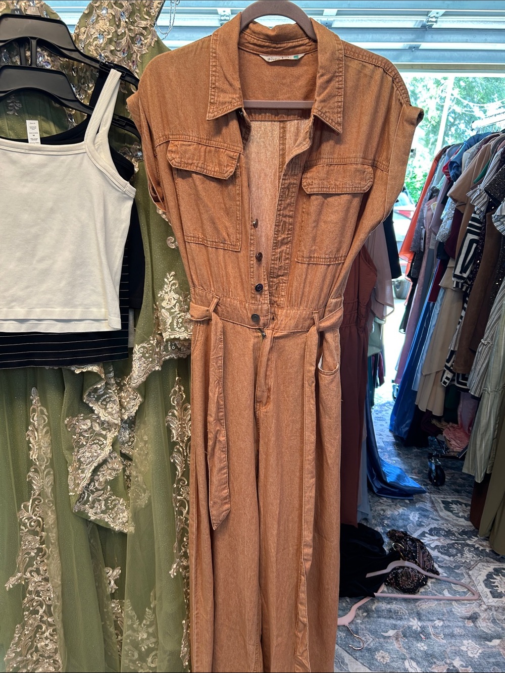 Rust Utility Button-Front Jumpsuit